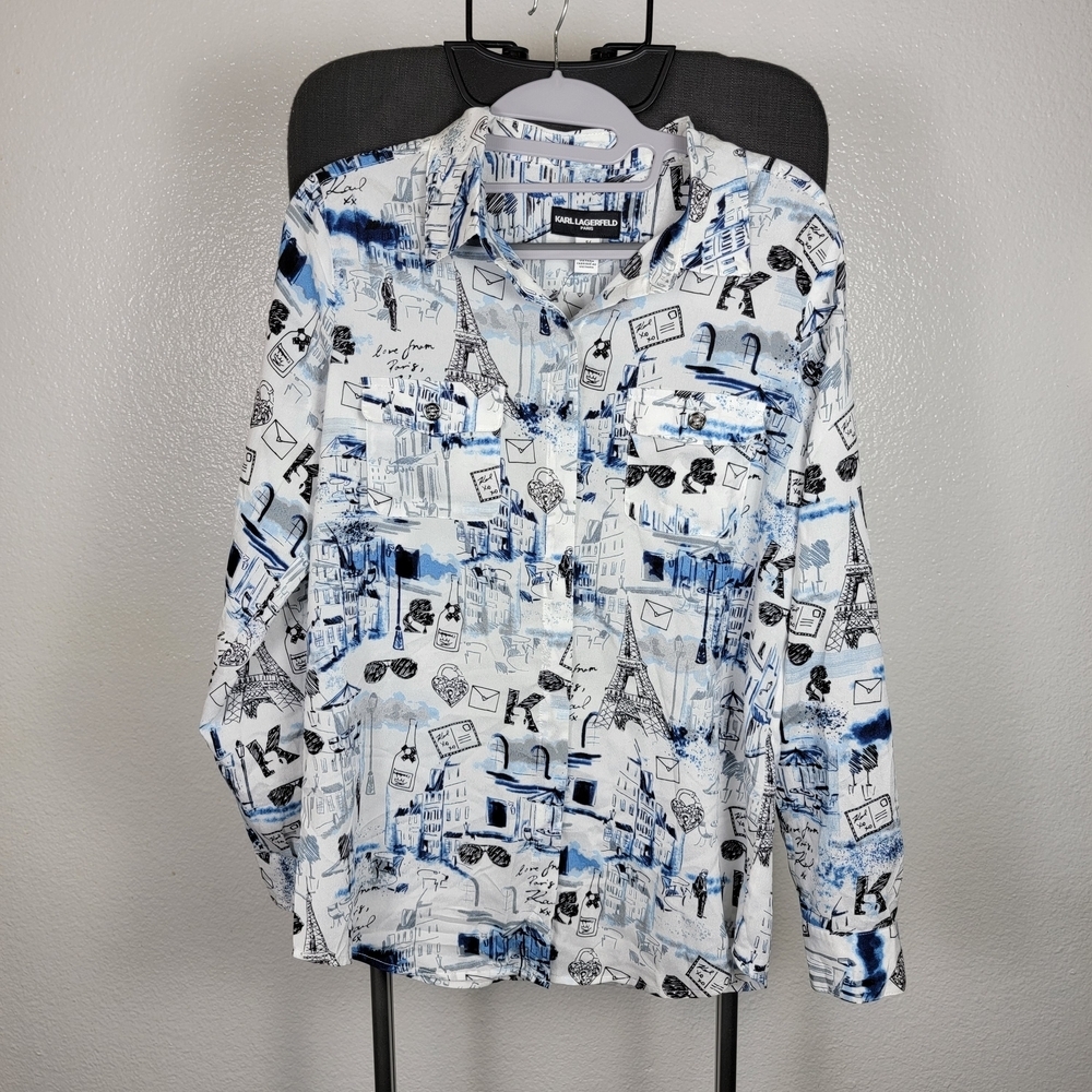 Karl Lagerfeld Women's Love From Paris All Over‎ Print LS Button Up Shirt Sz S